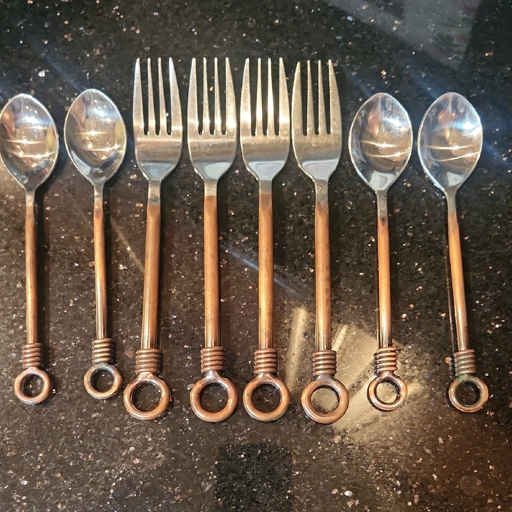 Unique Copper and Stainless Flatware Set, 4 Forks, 4 Spoons